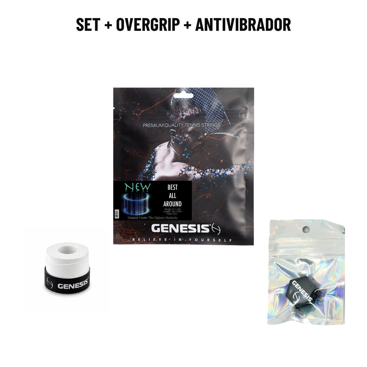 Kit Encordoamento Completo Genesis com set 12m, overgrip Marka e antivibrador Infinite